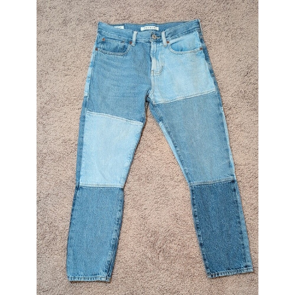 Patchwork Slim Taper Jeans in Light Blue with Gold Stitching - 29x30
